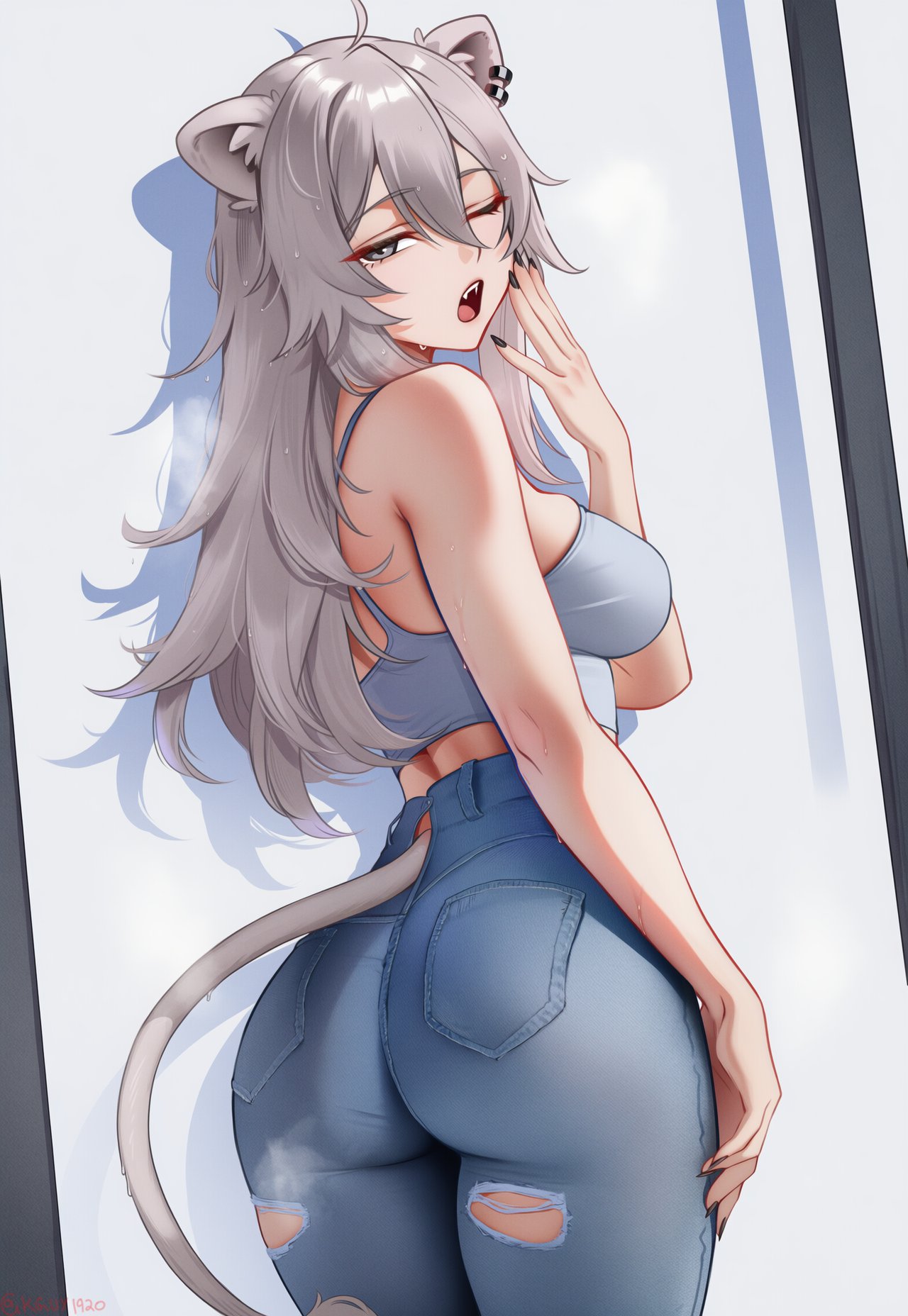 1girl, ahoge, ai-generated, animal_ear_fluff, animal_ear_piercing, animal_ears, ass, black_nails