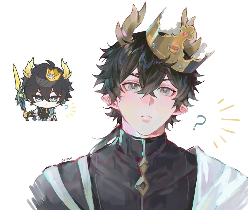 1boy, ?, alicevseliet, artist_name, black_hair, black_shirt, blue_eyes, blue_gemstone