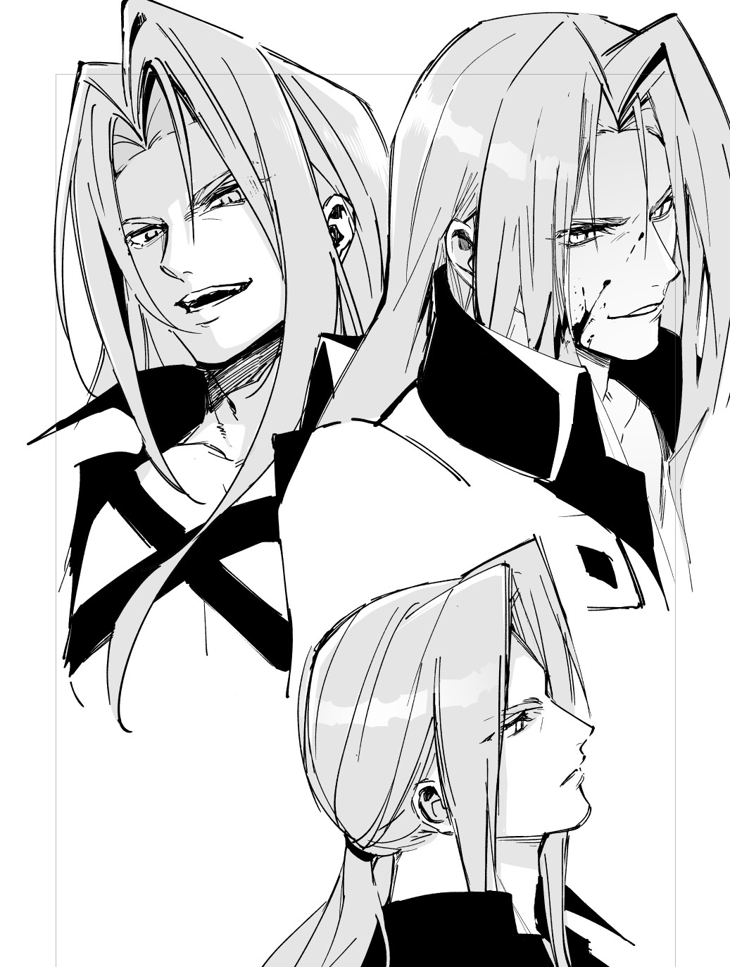 1boy, alternate_hairstyle, black_coat, blood, blood_on_face, bnbnt0131, chest_strap, coat, commentary_request, cropped_torso, final_fantasy, final_fantasy_vii, final_fantasy_vii_remake, from_side, highres, long_hair, low_ponytail, male_focus, multiple_views, open_mouth, parted_bangs, parted_lips, ponytail, profile, sephiroth, upper_body, white_background