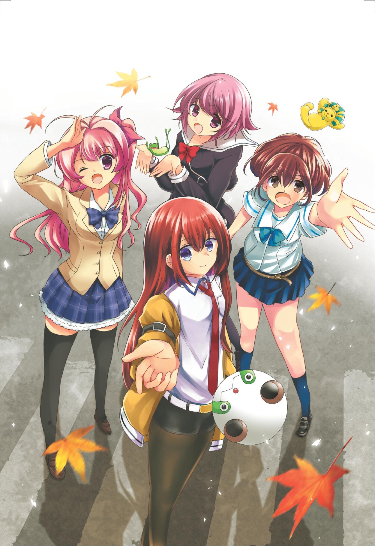 1girl, 4girls, arm_belt, artist_request, belt, black_pantyhose, black_shorts, black_thighhighs, blazer, blue_bow, blue_skirt, bow, bowtie, braid, breast_pocket, breasts, brown_eyes, brown_hair, brown_jacket, brown_shoes, buttons, chaos;child, chaos;head, chest_bow, chocura99, chuo_tanegashima_high_school_uniform, collared_shirt, cropped_jacket, cropped_shirt, double-breasted, dress_shirt, dress_vest, gero-froggy, hair_between_eyes, hair_bow, hair_over_shoulder, half_up_braid, hekiho_academy_school_uniform, high-waist_skirt, high_ponytail, highres, jacket, jacket_partially_removed, lapels, leather_belt, loafers, long_hair, long_sleeves, makise_kurisu, miniskirt, multiple_girls, necktie, notched_lapels, one_side_up, onoe_serika, pantyhose, phinx_(robotics;notes), pink_eyes, pink_hair, plaid_bow, plaid_bowtie, plaid_clothes, plaid_necktie, plaid_skirt, pleated_skirt, pocket, ponytail, ponytail_with_braided_base, purple_bow, purple_bowtie, purple_skirt, purple_trim, red_bow, red_necktie, robotics;notes, sailor_collar, sakihata_rimi, school_emblem, school_uniform, science_adventure, senomiya_akiho, shirt, shoes, short_sleeves, shorts, skirt, small_breasts, steins;gate, suimei_academy_school_uniform, thigh-highs, upa_(steins;gate), violet_eyes, white_belt, white_sailor_collar, white_shirt