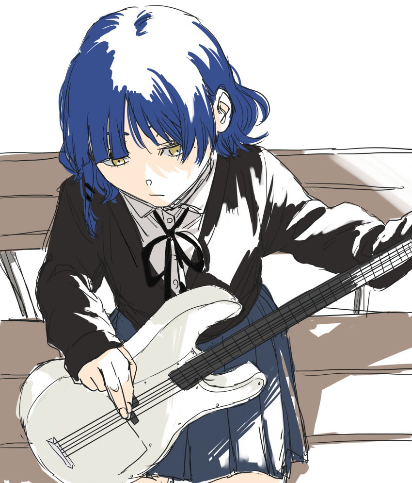 1girl, absurdres, bass_guitar, black_jacket, black_ribbon, blazer, blue_hair, blue_skirt, blunt_bangs, bocchi_the_rock!, buttons, closed_mouth, collared_jacket, collared_shirt, commentary_request, cowboy_shot, dress_shirt, expressionless, fender_precision_bass, fingernails, hair_ornament, hairclip, high-waist_skirt, highres, instrument, jacket, krmtknkoo1582, light_frown, long_sleeves, looking_ahead, miniskirt, mole, mole_under_eye, music, neck_ribbon, on_bench, playing_bass_guitar, playing_instrument, pleated_skirt, ribbon, school_uniform, shadow, shimokitazawa_high_school_uniform, shirt, short_hair, short_hair_with_long_locks, single_sidelock, sitting, skirt, sleeves_past_wrists, solo, v-neck, white_background, white_shirt, yamada_ryo, yellow_eyes