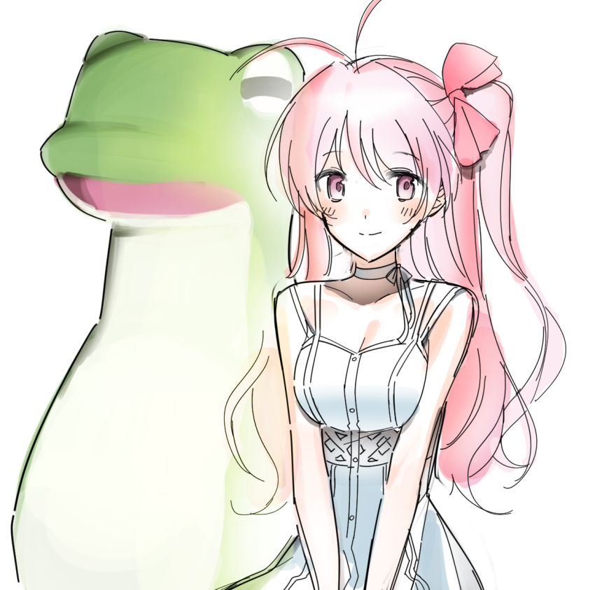 1girl, alion_9715, antenna_hair, blush, bow, breasts, chaos;head, choker, dress, gero-froggy, hair_bow, highres, long_hair, looking_at_viewer, medium_breasts, neck_ribbon, one_side_up, pink_eyes, pink_hair, ribbon, sakihata_rimi, science_adventure, smile, solo, sundress, v_arms, white_choker, white_dress