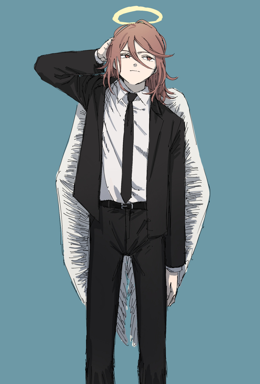 1boy, absurdres, angel, angel_devil_(chainsaw_man), angel_wings, belt, belt_buckle, black_belt