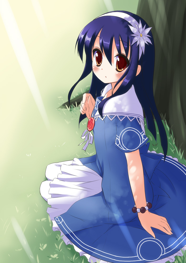 atelier, atelier_(series), atelier_viorate_alchemist_of_gramnad_2, black_hair, blue_dress, blush, bracelet, brown_eyes