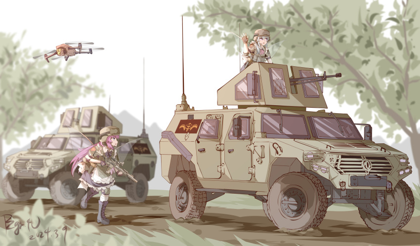 absurdres, armored_personnel_carrier, armored_vehicle, assault_rifle, ballistic_shield, boots, dirt_road, drone