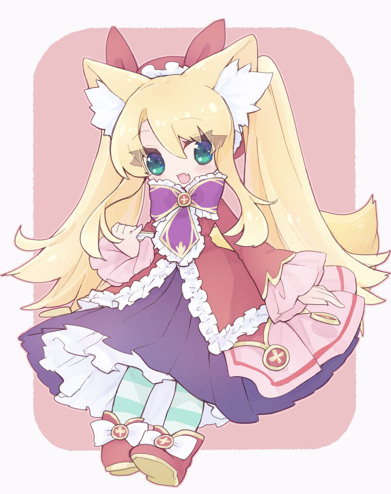 1girl, animal_ears, blonde_hair, book, boots, emil_chronicle_online, fang, fox_ears