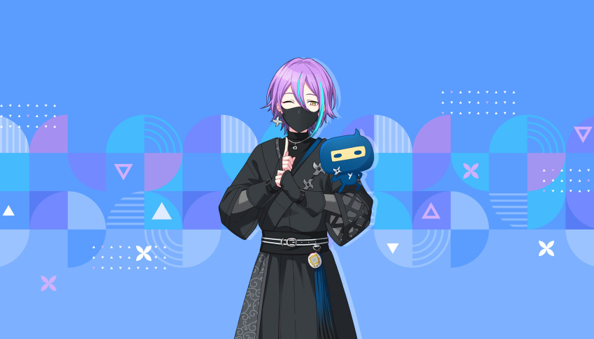 1boy, black_shirt, blue_background, blue_hair, colorful_palette, earrings, game_cg, gozarutchi
