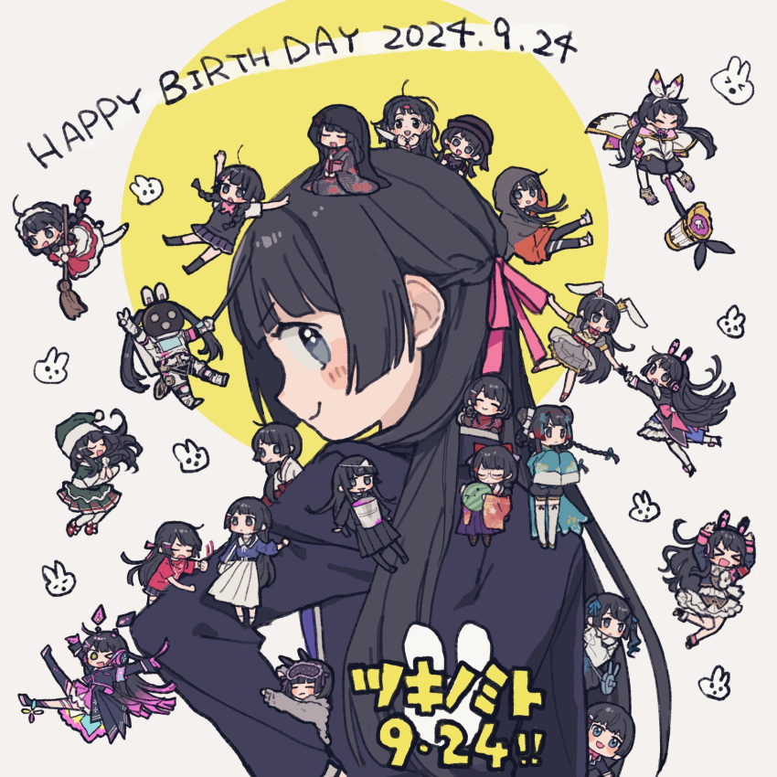 6+girls, black_hair, black_jacket, blunt_sidelocks, blush, braid, closed_mouth, commentary_request, dated, from_behind, grey_background, grey_eyes, hair_ribbon, half_up_braid, hand_on_own_hip, happy_birthday, highres, jacket, long_hair, long_sleeves, looking_at_viewer, looking_back, mini_person, mini_person_on_head, minigirl, mixed-language_text, mrokr, multiple_girls, multiple_persona, nazono_mito, nijisanji, nijisanji_fes_t-shirt, nijisanji_idol_uniform, on_person, pink_ribbon, profile, rabbit_head, ribbon, sidelocks, smile, suika_game, translation_request, tsukino_mito, tsukino_mito_(1st_costume), tsukino_mito_(astronaut), tsukino_mito_(casual), tsukino_mito_(chihaki-shoujo), tsukino_mito_(china_dress), tsukino_mito_(fantasy), tsukino_mito_(hyakumonogatari), tsukino_mito_(jirai_kei), tsukino_mito_(loungewear), tsukino_mito_(maid), tsukino_mito_(moon!!), tsukino_mito_(moon_princess), tsukino_mito_(new_year), tsukino_mito_(santa), tsukino_mito_(sporty), tsukino_mito_(summer_uniform), tsukino_mito_(taishou_roman), tsukino_mito_(tsuki_no_usagi_ha_virtual_no_yume_wo_miru), tsukino_mito_(winter_casual), tsukino_mito_(young), two-tone_background, virtual_youtuber, yellow_background