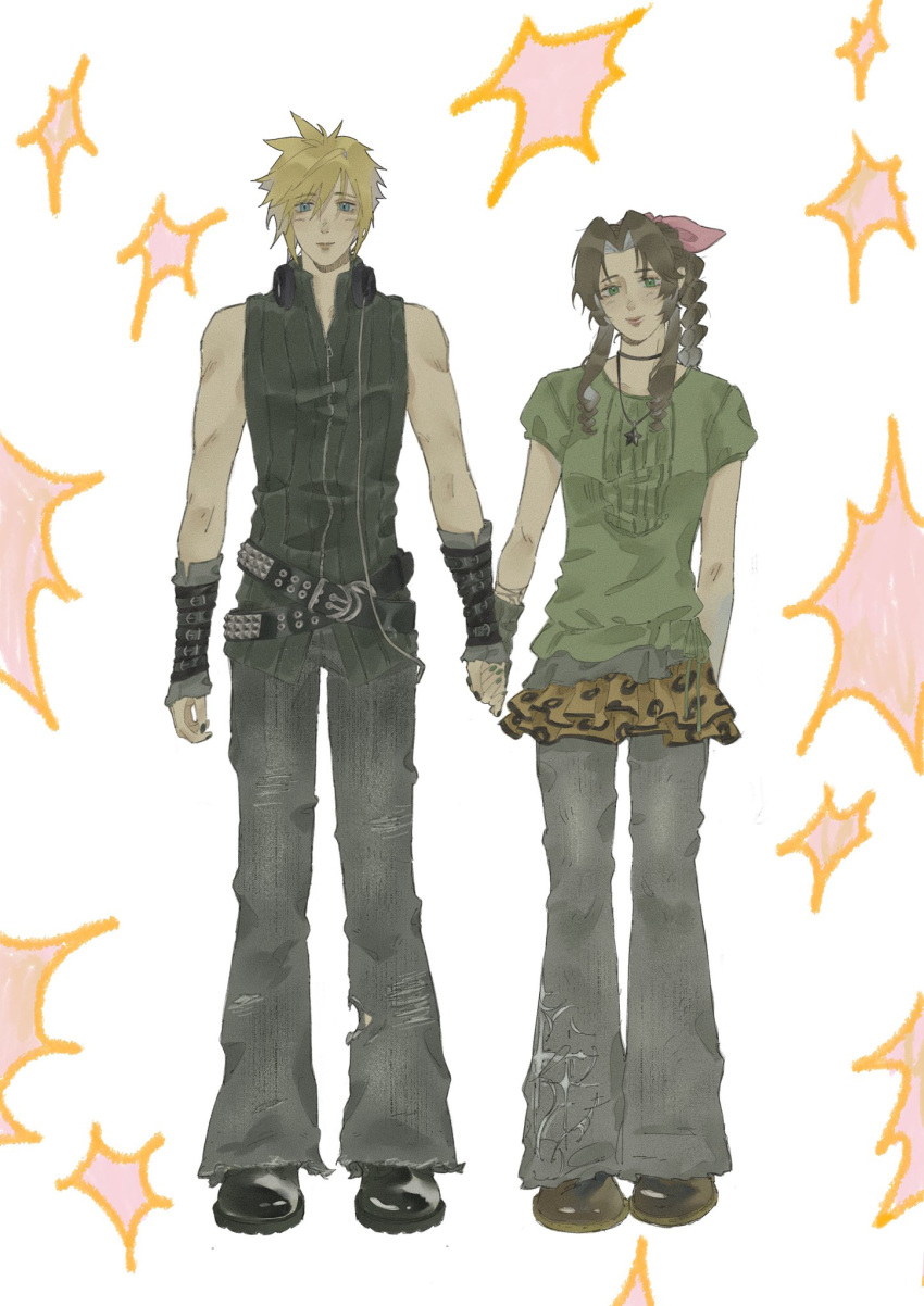 1boy, 1girl, aerith_gainsborough, alternate_costume, animal_print, bare_shoulders, belt, black_boots