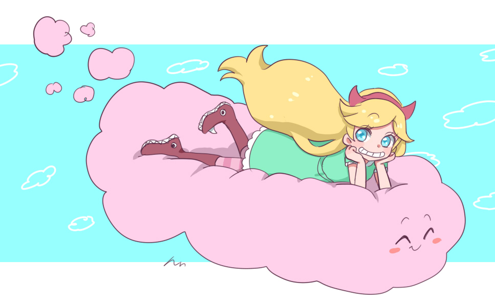 1girl, aqua_dress, blonde_hair, blue_eyes, boots, clouds, dress, fake_horns