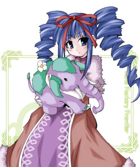 1girl, 2000s_(style), bianca_(rune_factory), blue_eyes, blue_hair, capelet, closed_mouth, copyright_name