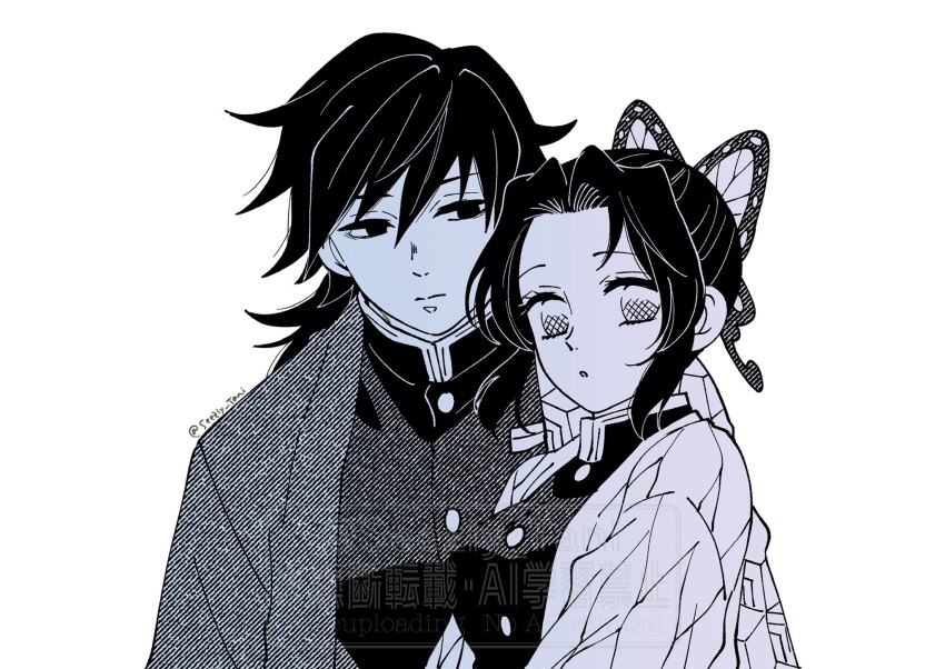 1boy, 1girl, animal_print, black_hair, black_jacket, breasts, butterfly_hair_ornament, butterfly_print