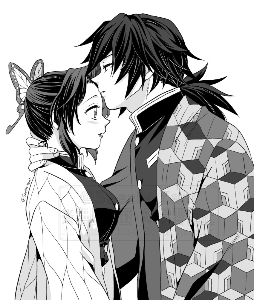 1boy, 1girl, animal_print, arm_around_shoulder, black_hair, black_jacket, blush, breasts, butterfly_hair_ornament, butterfly_print, buttons, couple, demon_slayer_uniform, greyscale, hair_ornament, half-closed_eyes, hand_on_another's_neck, haori, hetero, highres, jacket, japanese_clothes, kimetsu_no_yaiba, kiss, kissing_forehead, kochou_shinobu, long_hair, low_ponytail, medium_breasts, monochrome, parted_bangs, parted_lips, ponytail, print_haori, seezly_tani, sidelocks, tomioka_giyuu, twitter_username, updo, upper_body, watermark, white_background