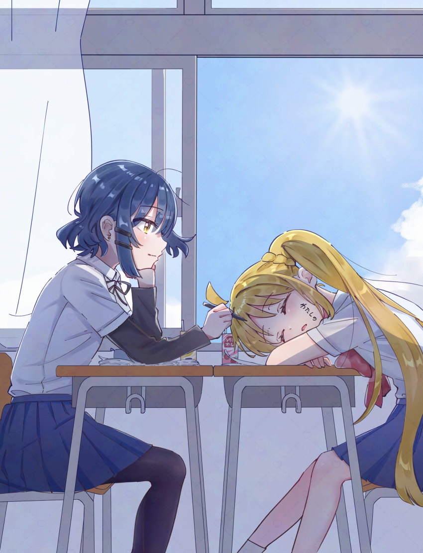 2girls, absurdres, ahoge, black_pantyhose, black_ribbon, blonde_hair, blue_hair, blue_skirt