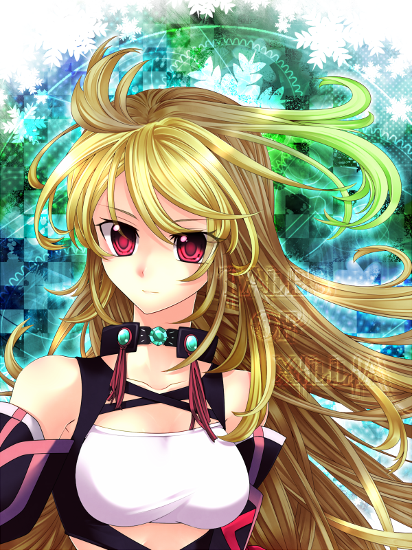 bad_id, blonde_hair, choker, gradient_hair, green_hair, long_hair, milla_maxwell, multicolored_hair, red_eyes, shawa, smile, solo, tales_of_(series), tales_of_xillia