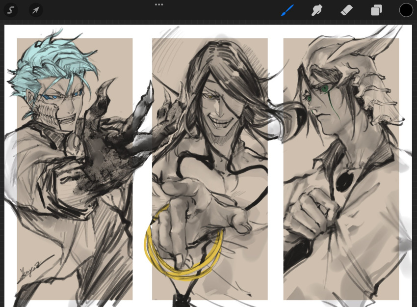 3boys, arrancar, art_program_in_frame, bare_pectorals, black_collar, black_hair, black_shirt, black_skin, bleach, blue_eyes, blue_eyeshadow, blue_hair, border, claws, coat, collar, collared_coat, collared_shirt, colored_extremities, colored_skin, column_lineup, eyepatch, eyeshadow, facepaint, facing_to_the_side, facing_viewer, fake_horns, floating_hair, floating_jacket, green_eyes, greyscale, grimmjow_jaegerjaquez, grin, hair_between_eyes, hand_on_own_chest, helmet, highres, hole_in_chest, hole_on_body, horned_helmet, horns, ikuyoan, jacket, limited_palette, long_hair, looking_at_viewer, looking_to_the_side, makeup, male_focus, monochrome, multiple_boys, nnoitra_gilga, one_eye_covered, open_clothes, open_jacket, open_mouth, outside_border, pectoral_cleavage, pectorals, pointing, pointing_at_viewer, ribbon, shirt, short_hair, sidelocks, signature, smile, striped_clothes, striped_coat, striped_jacket, twitter_username, ulquiorra_cifer, vertical-striped_coat, white_background, white_border, white_coat, white_helmet, wrist_ribbon, yellow_ribbon
