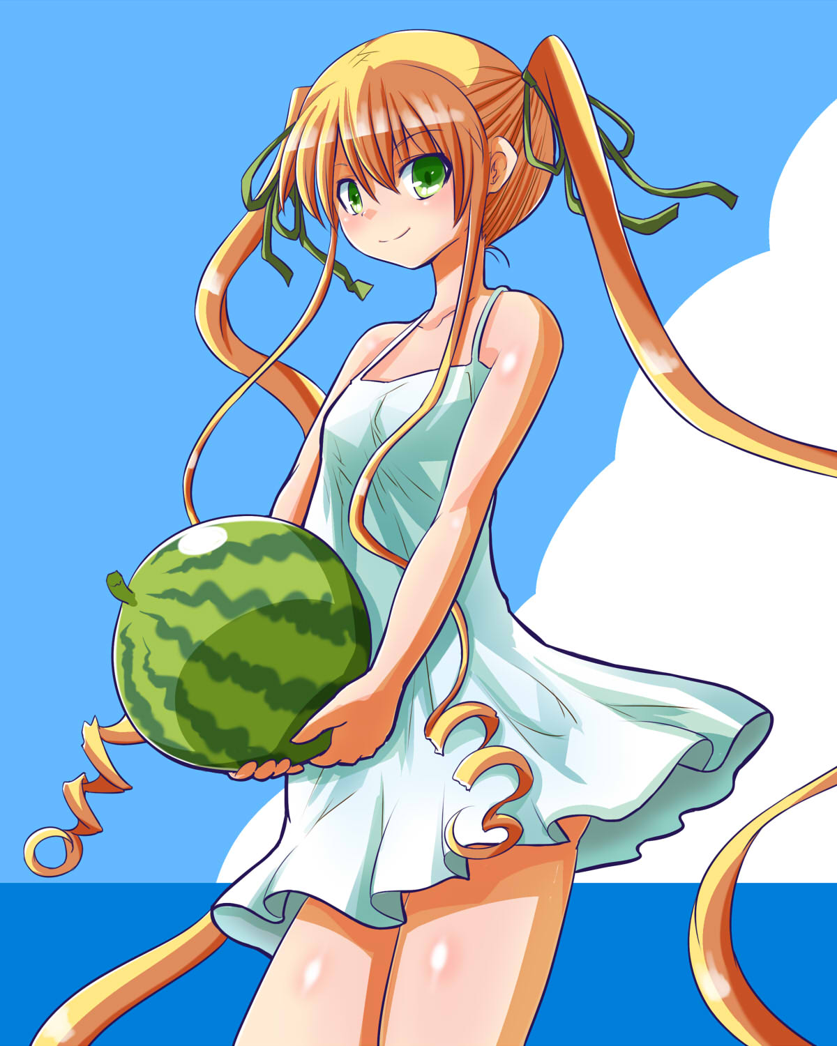 1girl, alternate_costume, blonde_hair, blue_sky, breasts, closed_mouth, clouds, commentary_request