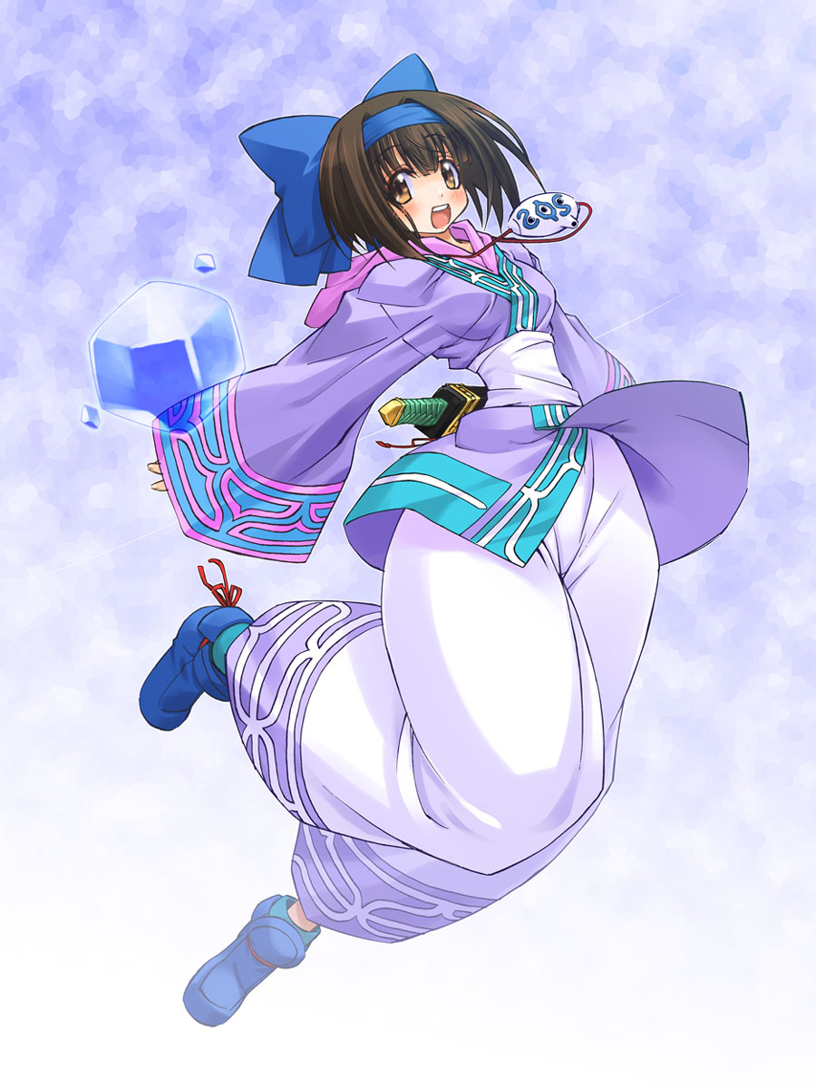 1girl, ainu_clothes, black_hair, blue_background, blue_bow, blue_hairband, blue_shoes, bob_cut
