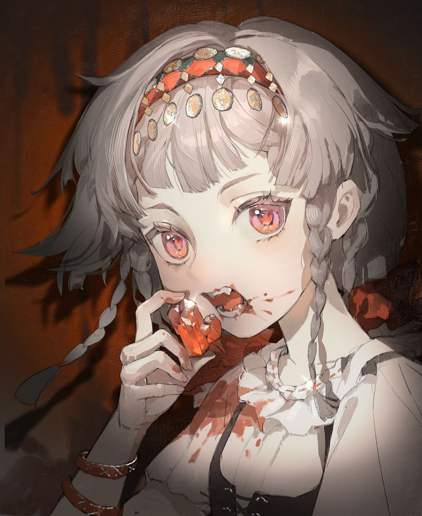 1girl, ambiguous_red_liquid, braid, braided_sidelocks, fangs, gem, grey_hair, hairband