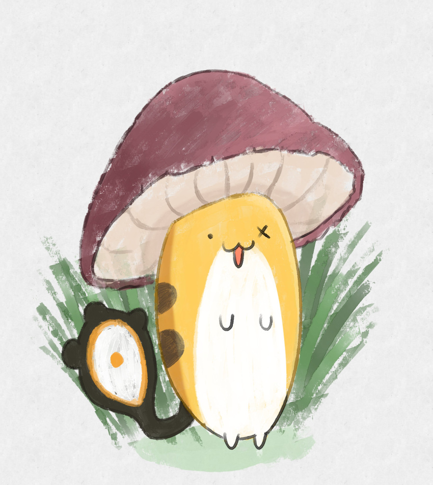 :3, absurdres, gigi_murin, grass, grem_(gigi_murin), highres, holojustice, hololive, hololive_english, jack_pyro, mushroom, o_x, open_mouth, tail, virtual_youtuber, white_background