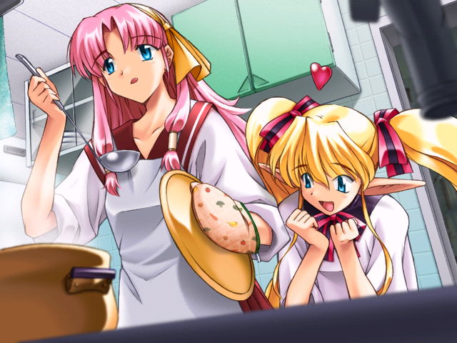 2girls, :d, apron, blue_eyes, clenched_hand, colette_brause, cooking, game_cg