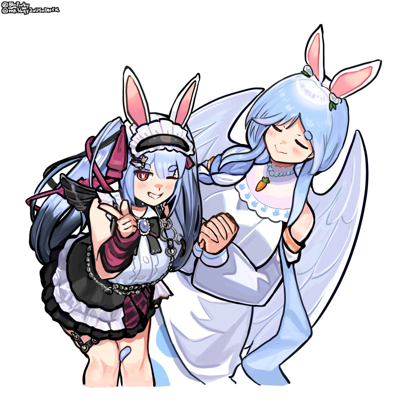 2girls, absurdres, angel, angel_wings, animal_ears, black_dress, blaparky, braid