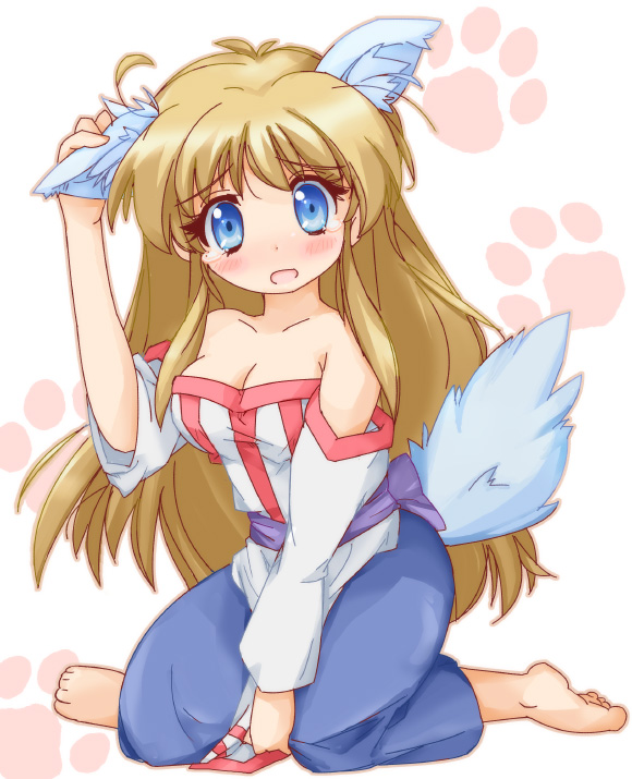 :o, arc_the_lad, arc_the_lad_ii, bare_shoulders, barefoot, blonde_hair, blue_eyes, blush