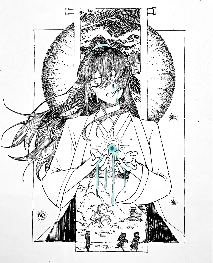 1boy, absurdres, black_hair, blue_eyes, chinese_clothes, closed_eyes, crying, disembodied_eye, hanfu, high_ponytail, highres, hong_lu_(project_moon), limbus_company, long_hair, long_sleeves, looking_at_viewer, male_focus, may.l, open_mouth, partially_colored, ponytail, project_moon, simple_background, solo, tian_tian_(mili), upper_body, white_background, white_hanfu