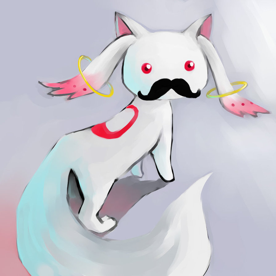 facial_hair, handlebar_mustache, kyubey, looking_back, mahou_shoujo_madoka_magica, mustache, no_humans, shadow, solo, source_request