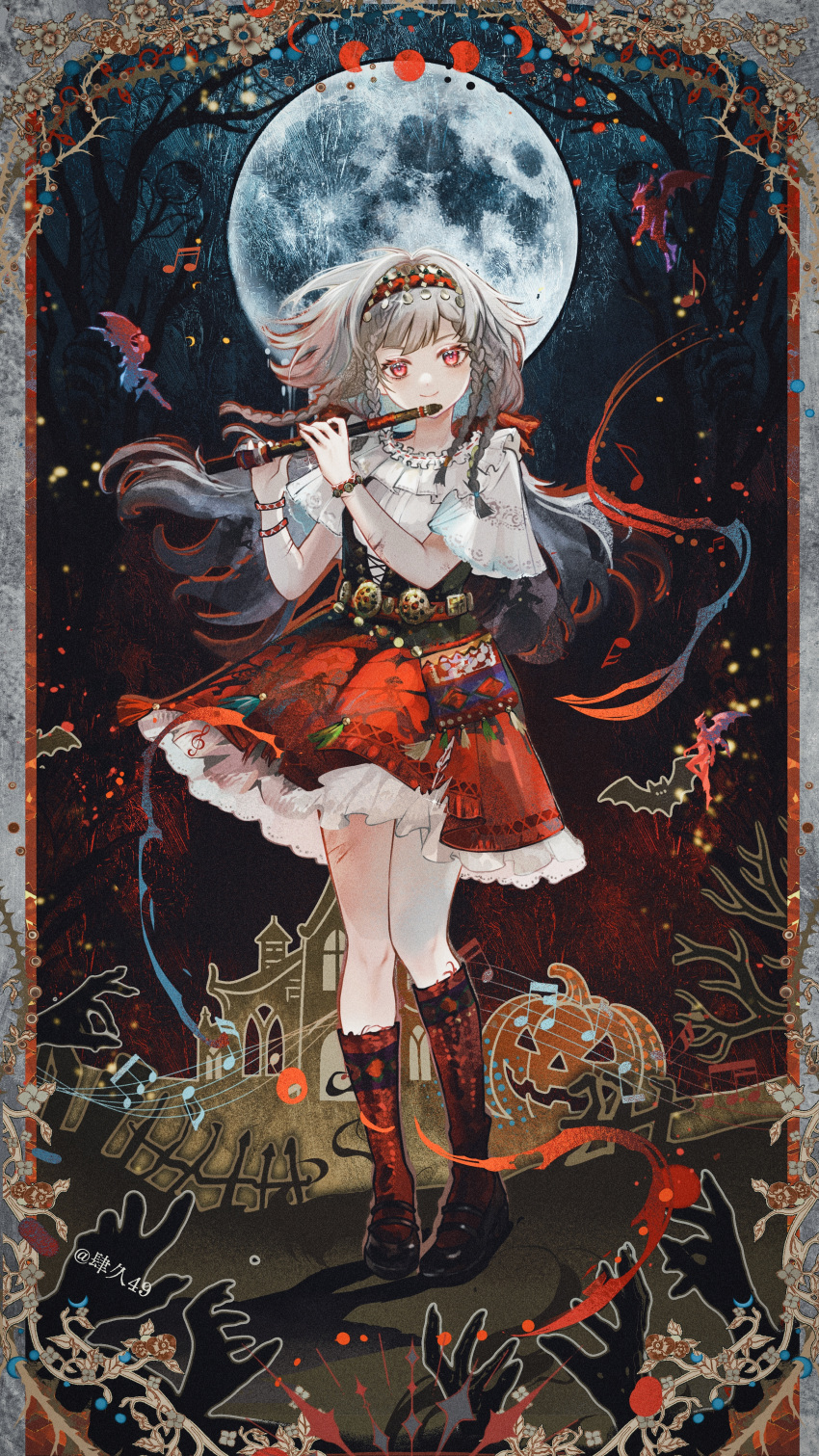 1girl, absurdres, bat_(animal), beamed_eighth_notes, beamed_sixteenth_notes, black_corset, black_shoes, border