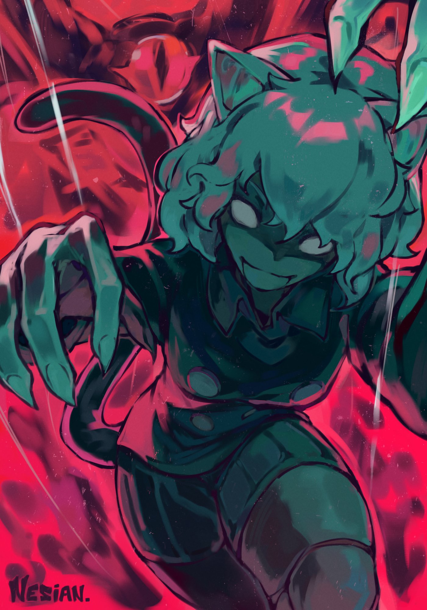 1girl, 1other, animal_ears, cat_ears, cat_tail, claws, fingernails, hair_between_eyes