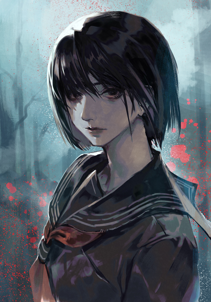 1girl, black_hair, black_sailor_collar, black_serafuku, black_shirt, closed_mouth, expressionless, hankuri