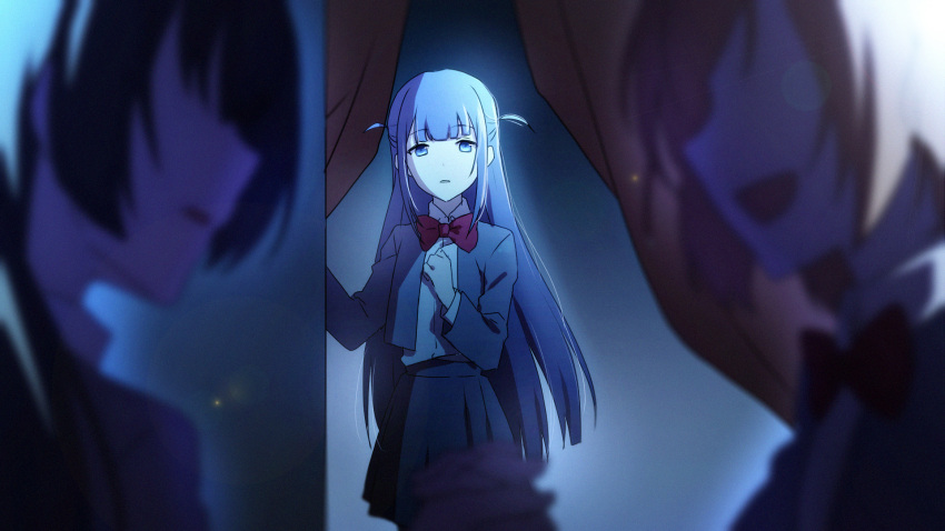 3girls, aijou_karen, blurry, blurry_foreground, bow, bowtie, canon_(aria), grey_jacket