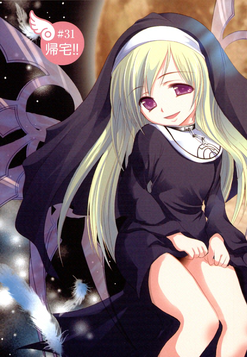 1girl, angel_wings, black_dress, black_feathers, blonde_hair, chain, chaos_(sora_no_otoshimono), child