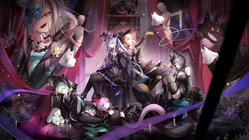 6+girls, absurdres, animal_ears, arknights, ave_mujica_(bang_dream!), back-to-back, bang_dream!, bang_dream!_it's_mygo!!!!!