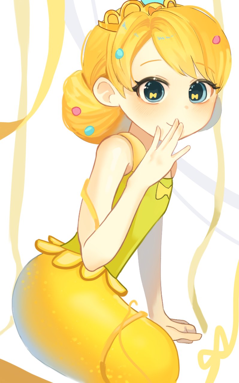 1girl, blonde_hair, blue_eyes, bow_in_eye, closed_mouth, commentary_request, cr_s2_zi, double_bun, hair_bun, hand_up, highres, korean_commentary, looking_at_viewer, mermaid, monster_girl, rainbow_bubblegem, ribbon, short_hair, simple_background, smile, solo, symbol_in_eye, tank_top, tiara, white_background, yellow_gold_(rainbow_bubblegem), yellow_ribbon, yellow_tank_top