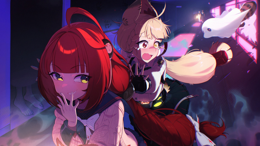 1other, 2girls, absurdres, ahoge, alice_thymefield, animal_ears, black_gloves, black_sailor_collar