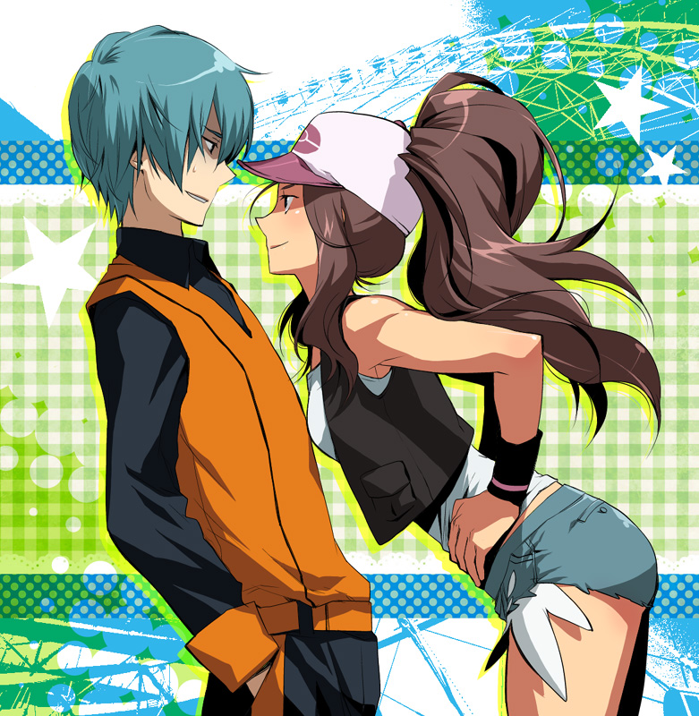 1girl, ace_trainer_(pokemon), baseball_cap, blue_hair, brown_hair, collared_shirt, cutoffs, denim, denim_shorts, hands_in_pockets, hands_on_hips, hat, leaning_forward, natsuki_(pokemon), pokemon, pokemon_(game), pokemon_black_and_white, pokemon_bw, ponytail, sakurai_muto, short_shorts, shorts, smile, sweatdrop, touko_(pokemon), vest, wristband