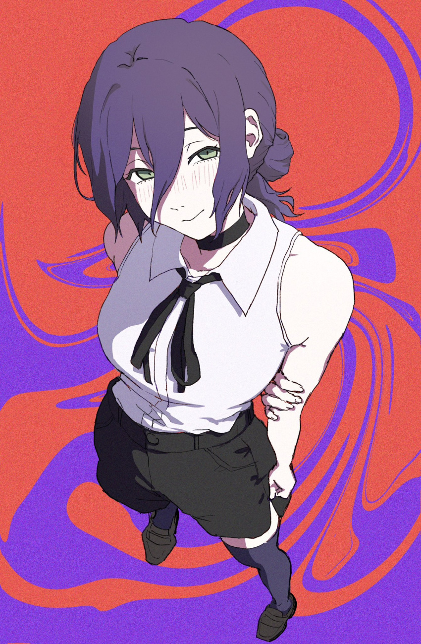 1girl, asebi_0421, black_choker, black_shorts, black_thighhighs, chainsaw_man, choker, closed_mouth, collared_shirt, from_above, green_eyes, hair_between_eyes, hair_bun, hashtag-only_commentary, highres, looking_at_viewer, purple_hair, reze_(chainsaw_man), shirt, shorts, sleeveless, sleeveless_shirt, smile, solo, standing, thigh-highs, white_shirt