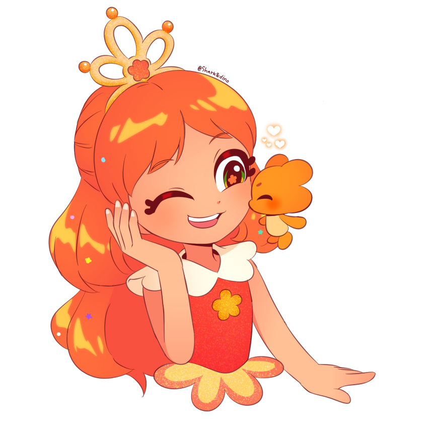 1girl, artist_name, blush, closed_eyes, commentary_request, creature, cropped_torso, flower_in_eye