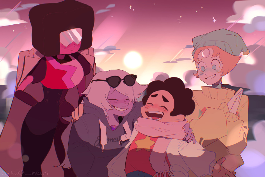 1boy, 3girls, absurdres, afro, amethyst_(steven_universe), blush, child, colored_skin, eyewear_on_head, garnet_(steven_universe), gem_(steven_universe), grin, hat, highres, multiple_girls, official_alternate_costume, pearl_(species)_(steven_universe), pearl_(steven_universe), puffy_short_sleeves, puffy_sleeves, short_sleeves, smile, steven_quartz_universe, steven_universe, sunglasses, user_vdha3872