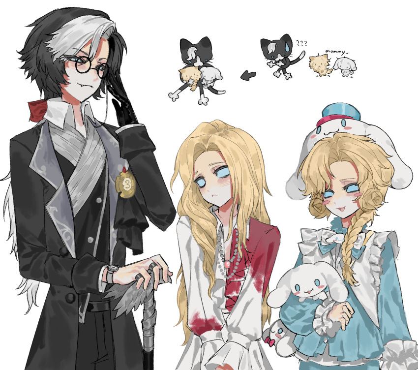 3boys, :<, :3, adjusting_eyewear, androgynous, black_hair, black_sclera, blue_eyes