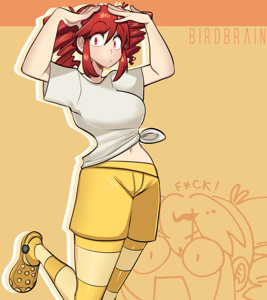 1girl, arms_up, birdbrain_(synthesizer_v), crocs, drill_hair, hands_on_own_head, highres, kasane_teto, missandydandy, navel, orange_background, outline, pantyhose, red_eyes, red_hair, shirt, shoes, short_sleeves, shorts, sidelocks, striped_clothes, striped_pantyhose, twin_drills, twintails, vocaloid, white_outline, white_shirt, yellow_pantyhose, yellow_shoes, yellow_shorts