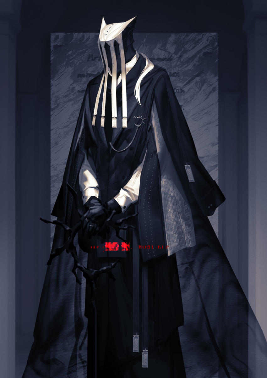1boy, absurdres, arknights, black_cape, black_gloves, cane, cape, cenm0