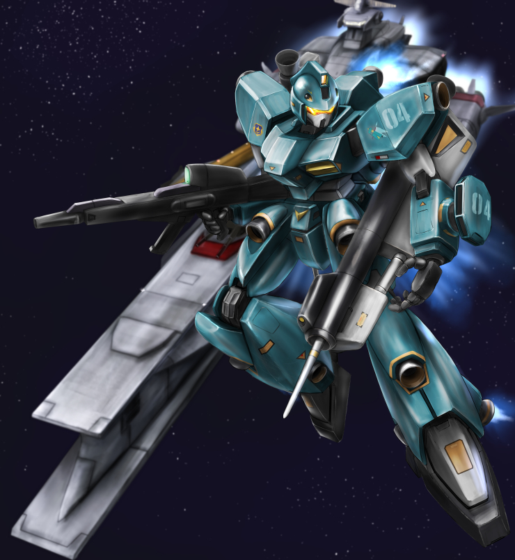 assault_visor, beam_rifle, commentary_request, energy_gun, gundam, hiwa_industry, holding, holding_weapon, javelin_(gundam), machinery, mecha, mecha_focus, mobile_suit, no_humans, realistic, robot, science_fiction, shot_lancer, solo, space, spacecraft, thrusters, victory_gundam, weapon, yellow_visor