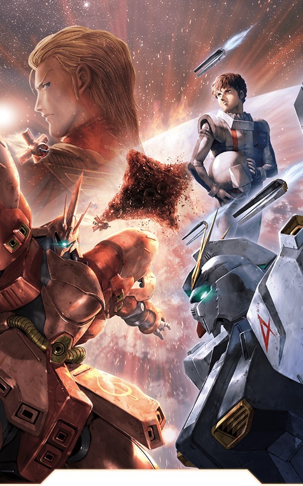 2boys, amuro_ray, artist_request, asteroid, axis_(gundam), battle, char's_counterattack, char_aznable, debris, duel, earth_(planet), earth_federation_space_forces, energy, energy_field, fin_funnels, glowing, glowing_eye, glowing_eyes, gundam, gundam_perfect_file, in_orbit, machinery, mecha, mecha_pilot_suit, military_uniform, mobile_suit, multiple_boys, neo_zeon, nu_gundam, official_art, one-eyed, painting_(medium), planet, realistic, robot, sazabi, scene_reference, science_fiction, space, thrusters, traditional_media, v-fin