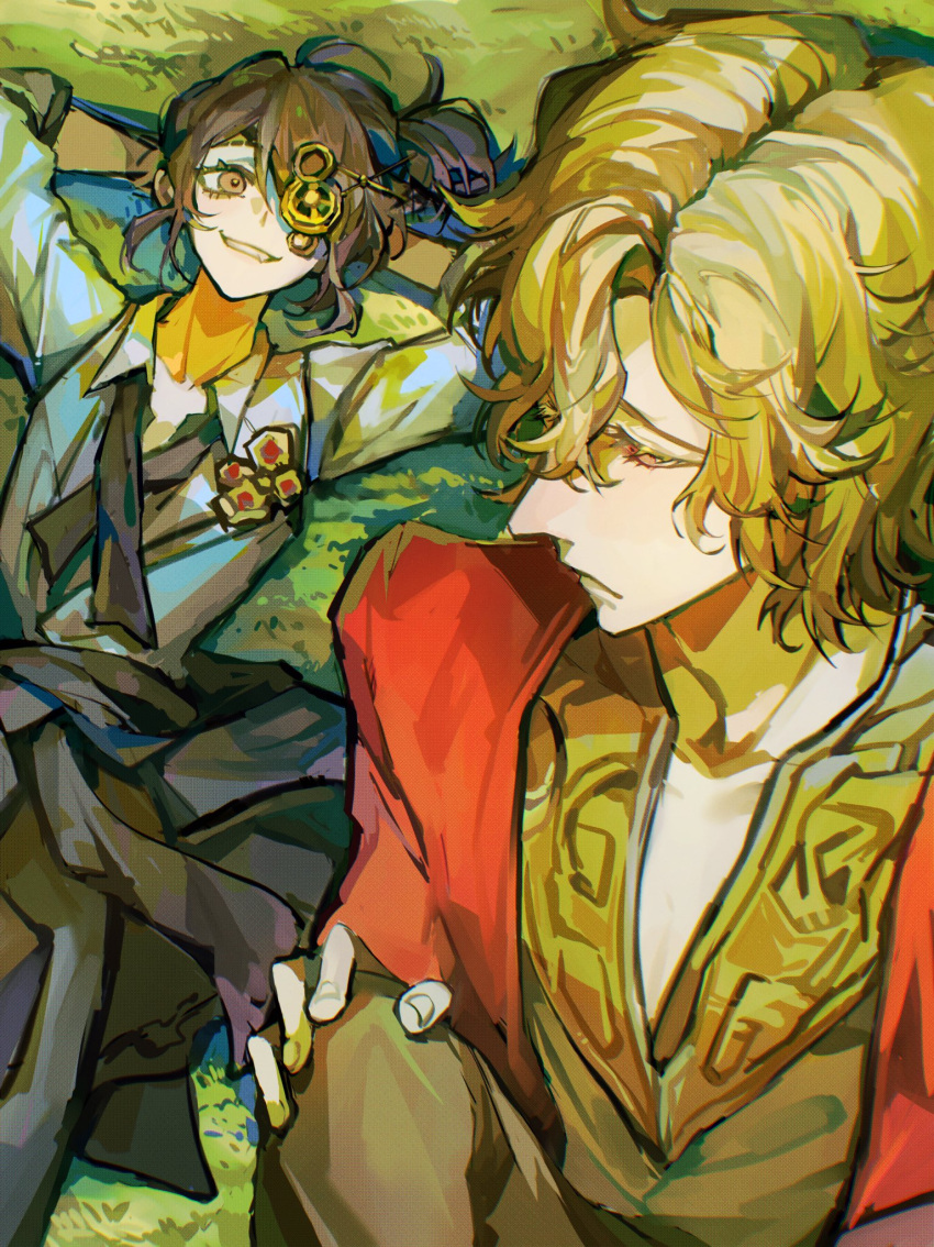 2boys, andrew_kreiss, andrew_kreiss_(epitaph), arms_behind_head, blonde_hair, brown_eyes, brown_hair, capelet, coat_around_waist, colored_eyelashes, fang, grass, grin, hair_between_eyes, hands_on_own_knee, highres, hit-hit, identity_v, looking_at_another, looking_down, luca_balsa, luca_balsa_(graduation_day), lying, male_focus, multiple_boys, official_alternate_costume, ponytail, red_capelet, red_eyes, shirt, short_ponytail, smile, untied_ribbon, white_shirt