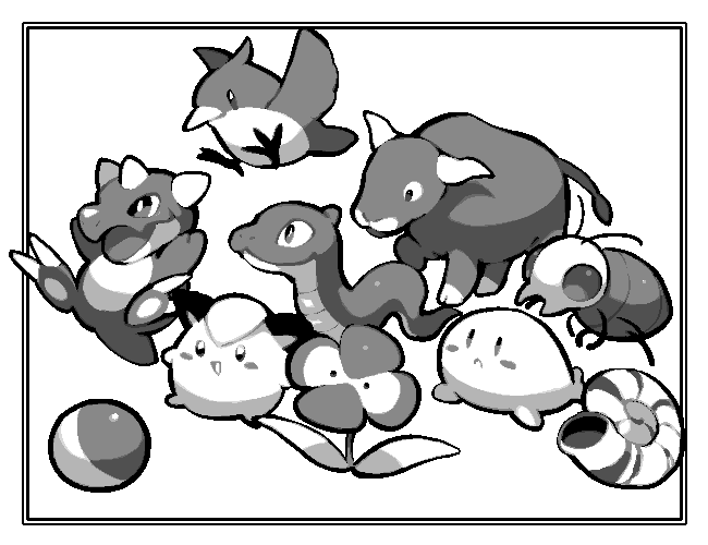 bird, bird_sprite_(pokemon), blush, blush_stickers, border, bug_sprite_(pokemon), bull_sprite_(pokemon), clefairy_sprite_(pokemon), closed_mouth, commentary_request, fish_sprite_(pokemon), flower_sprite_(pokemon), fossil_sprite_(pokemon), greyscale, kawaanago, monochrome, nostrils, open_mouth, poke_ball, pokemon, pokemon_(creature), pokemon_focus, pokemon_rgby, reptile_sprite_(pokemon), simple_background, smile, snake, snake_sprite_(pokemon), white_background