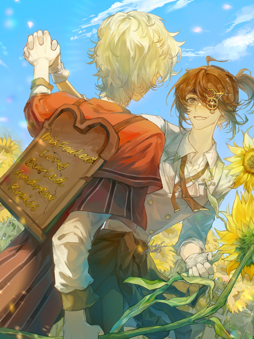 2boys, absurdres, andrew_kreiss, andrew_kreiss_(epitaph), blonde_hair, blue_sky, brown_hair, capelet