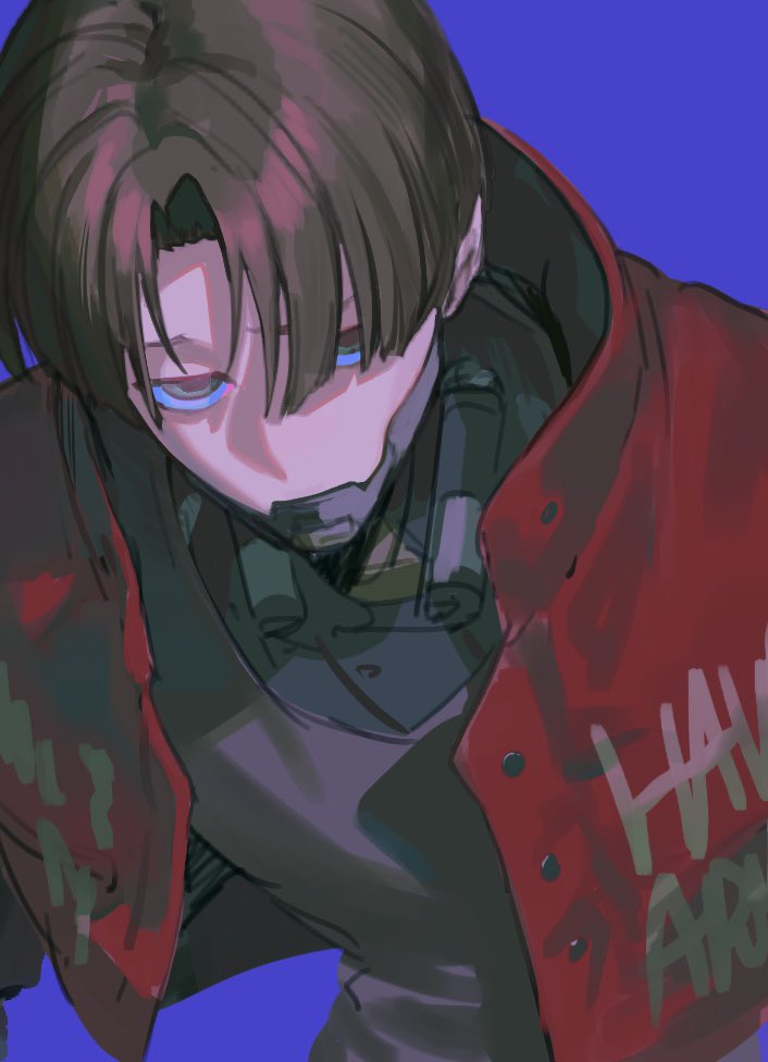 1boy, black_eyes, black_shirt, blue_background, brown_hair, cyborg, hiyon_(hahaha_5945), jacket